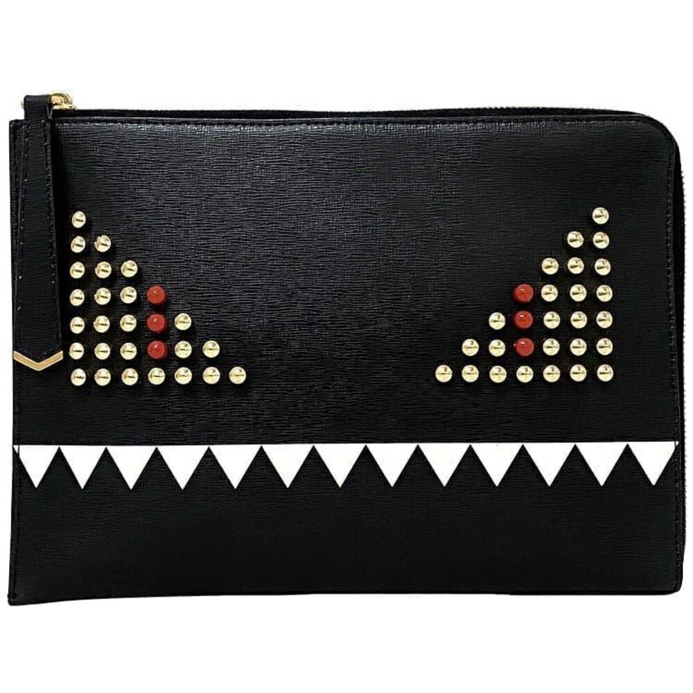 Fendi Clutch Bag Black Monster Series Leather Studded L shaped Zip Handbag Strap